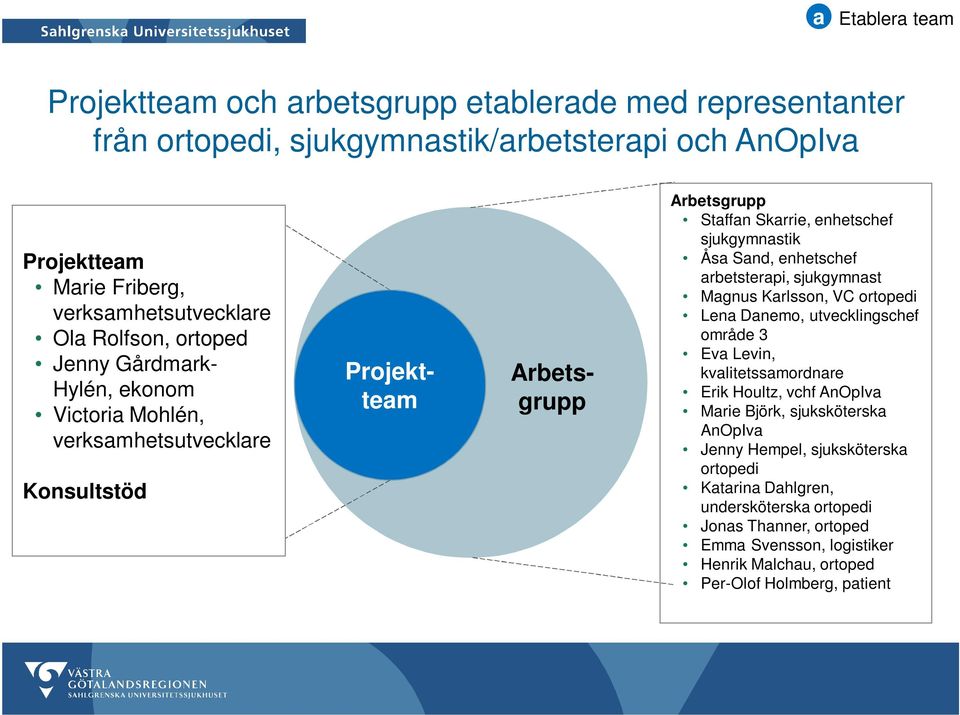 enhetschef arbetsterapi, sjukgymnast Magnus Karlsson, VC ortopedi Lena Danemo, utvecklingschef område 3 Eva Levin, kvalitetssamordnare Erik Houltz, vchf AnOpIva Marie Björk,