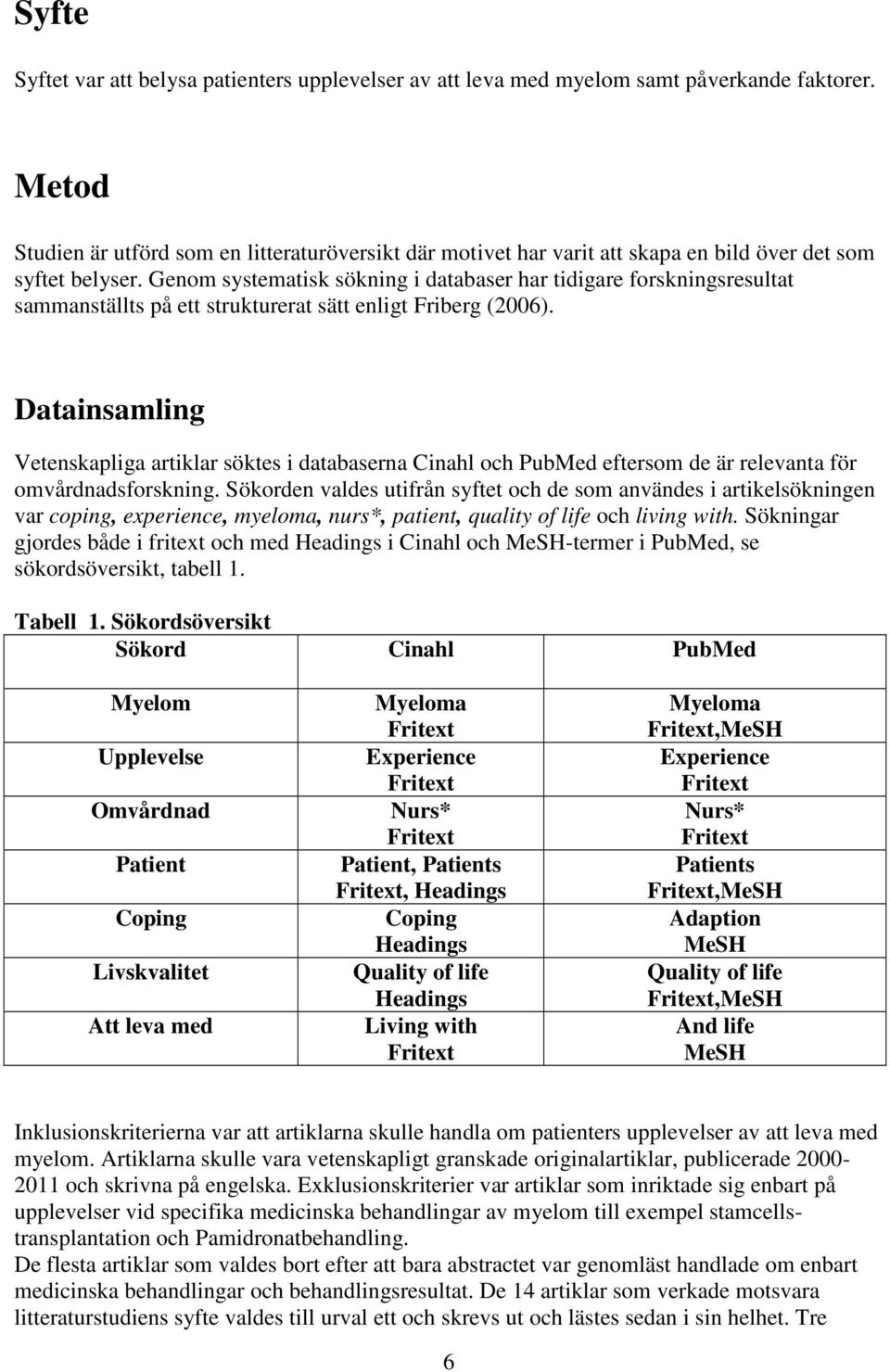 Genom systematisk sökning i databaser har tidigare forskningsresultat sammanställts på ett strukturerat sätt enligt Friberg (2006).