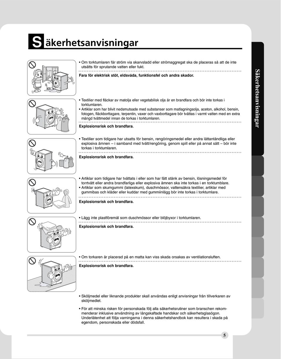 Artiklar som har blivit nedsmutsade med substanser som matlagningsolja, aceton, alkohol, bensin, fotogen, fläckborttagare, terpentin, vaxer och vaxborttagare bör tvättas i varmt vatten med en extra