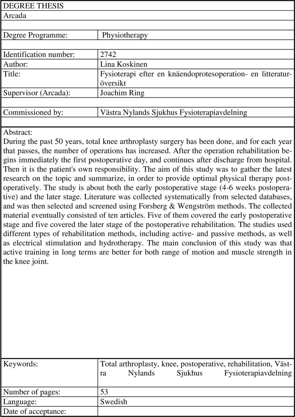 of operations has increased. After the operation rehabilitation begins immediately the first postoperative day, and continues after discharge from hospital.