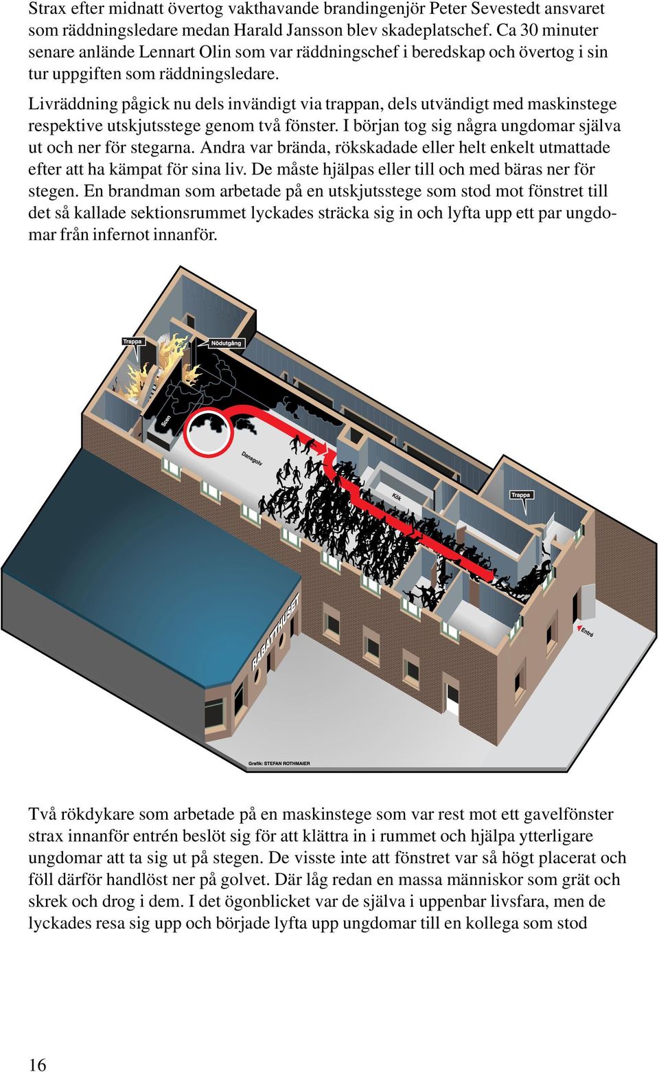 Livräddning pågick nu dels invändigt via trappan, dels utvändigt med maskinstege respektive utskjutsstege genom två fönster. I början tog sig några ungdomar själva ut och ner för stegarna.