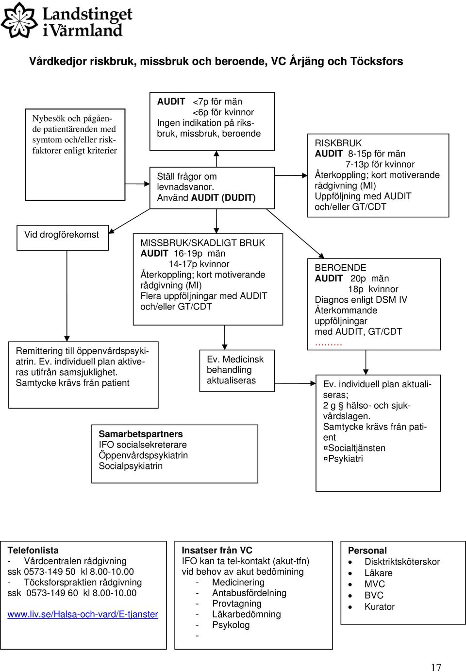 Använd AUDIT (DUDIT) RISKBRUK AUDIT 8-15p för män 7-13p för kvinnor Återkoppling; kort motiverande rådgivning (MI) Uppföljning med AUDIT och/eller GT/CDT Vid drogförekomst Remittering till