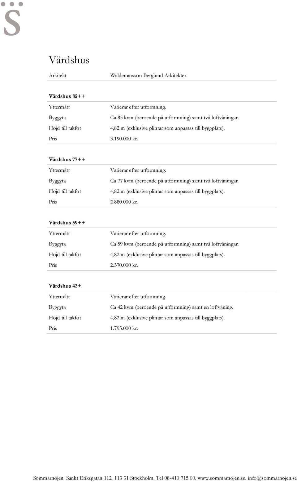 4,82 m (exklusive plintar som anpassas till byggplats). 2.880.000 kr. Värdshus 59++ Varierar efter utformning. Ca 59 kvm (beroende på utformning) samt två loftvåningar.