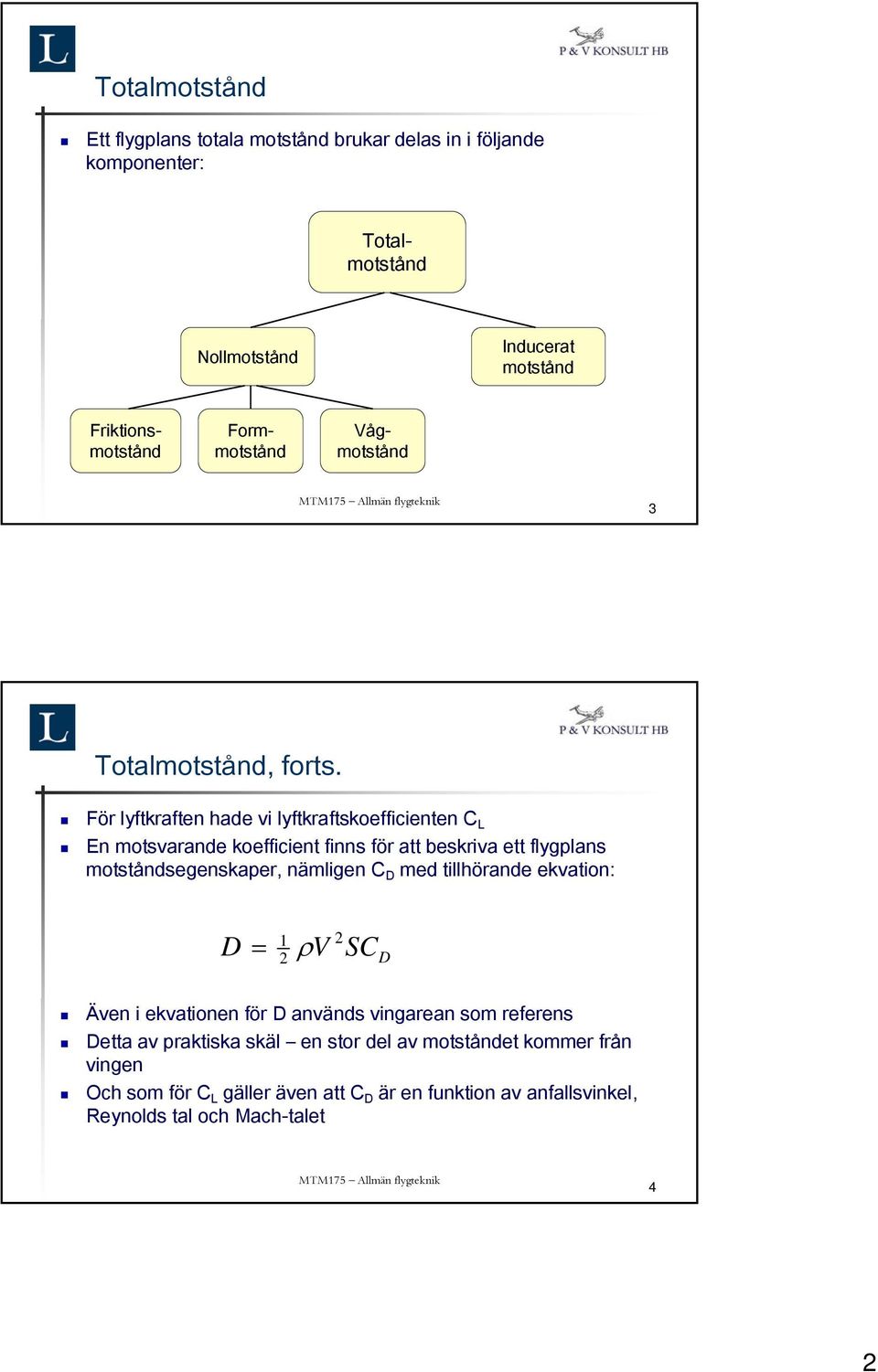 För lyftkraften hade vi lyftkraftskoefficienten C L En motsvarande koefficient finns för att beskriva ett flygplans motståndsegenskaper, nämligen C D