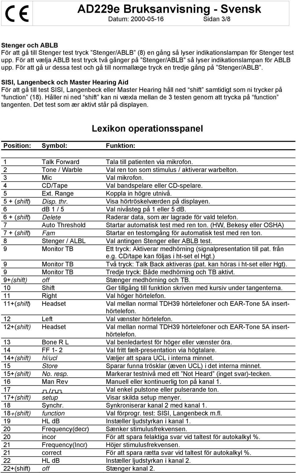 SISI, Langenbeck och Master Hearing Aid För att gå till test SISI, Langenbeck eller Master Hearing håll ned shift samtidigt som ni trycker på function (18).