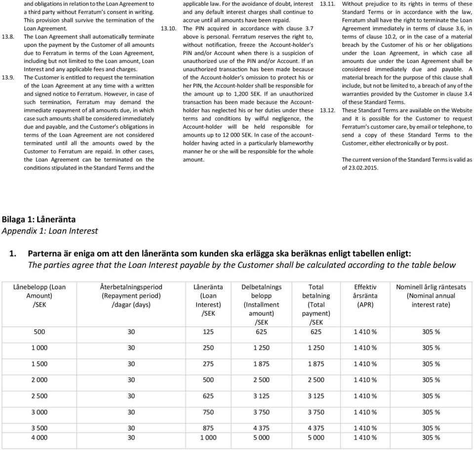 Interest and any applicable fees and charges. 13.9. The Customer is entitled to request the termination of the Loan Agreement at any time with a written and signed notice to Ferratum.