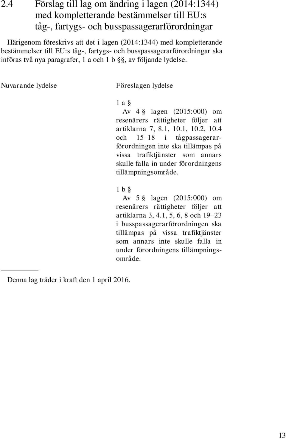 Nuvarande lydelse Föreslagen lydelse 1 a Av 4 lagen (2015:000) om resenärers rättigheter följer att artiklarna 7, 8.1, 10.1, 10.2, 10.