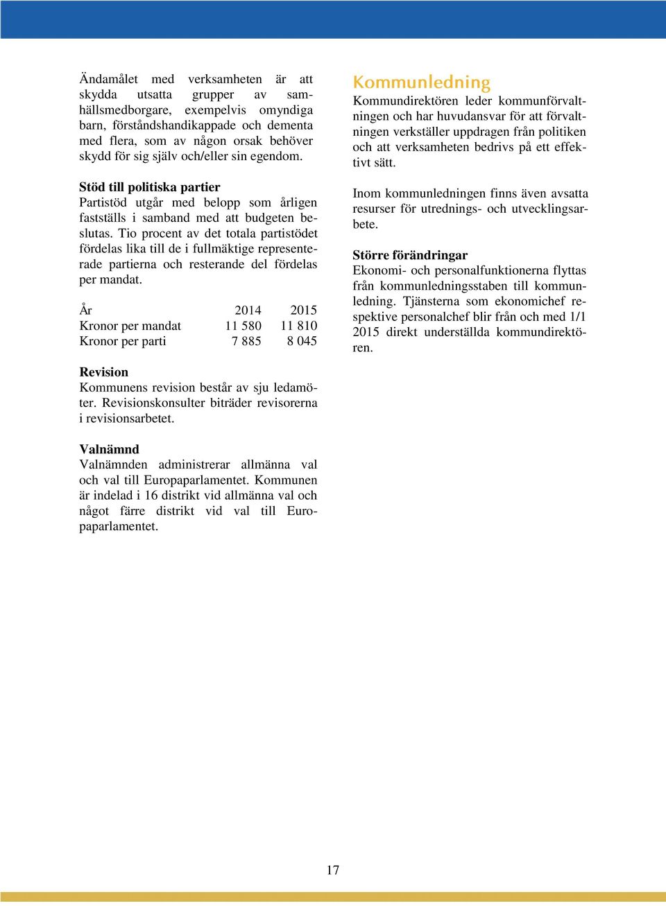 Tio procent av det totala partistödet fördelas lika till de i fullmäktige representerade partierna och resterande del fördelas per mandat.