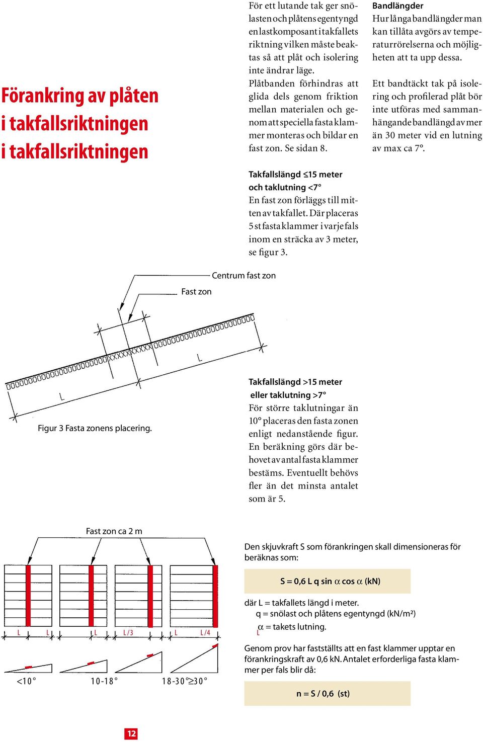 Se sidan 8. Takfallslängd <15 meter och taklutning <7 En fast zon förläggs till mitten av takfallet. Där placeras 5 st fasta klammer i varje fals inom en sträcka av 3 meter, se figur 3.