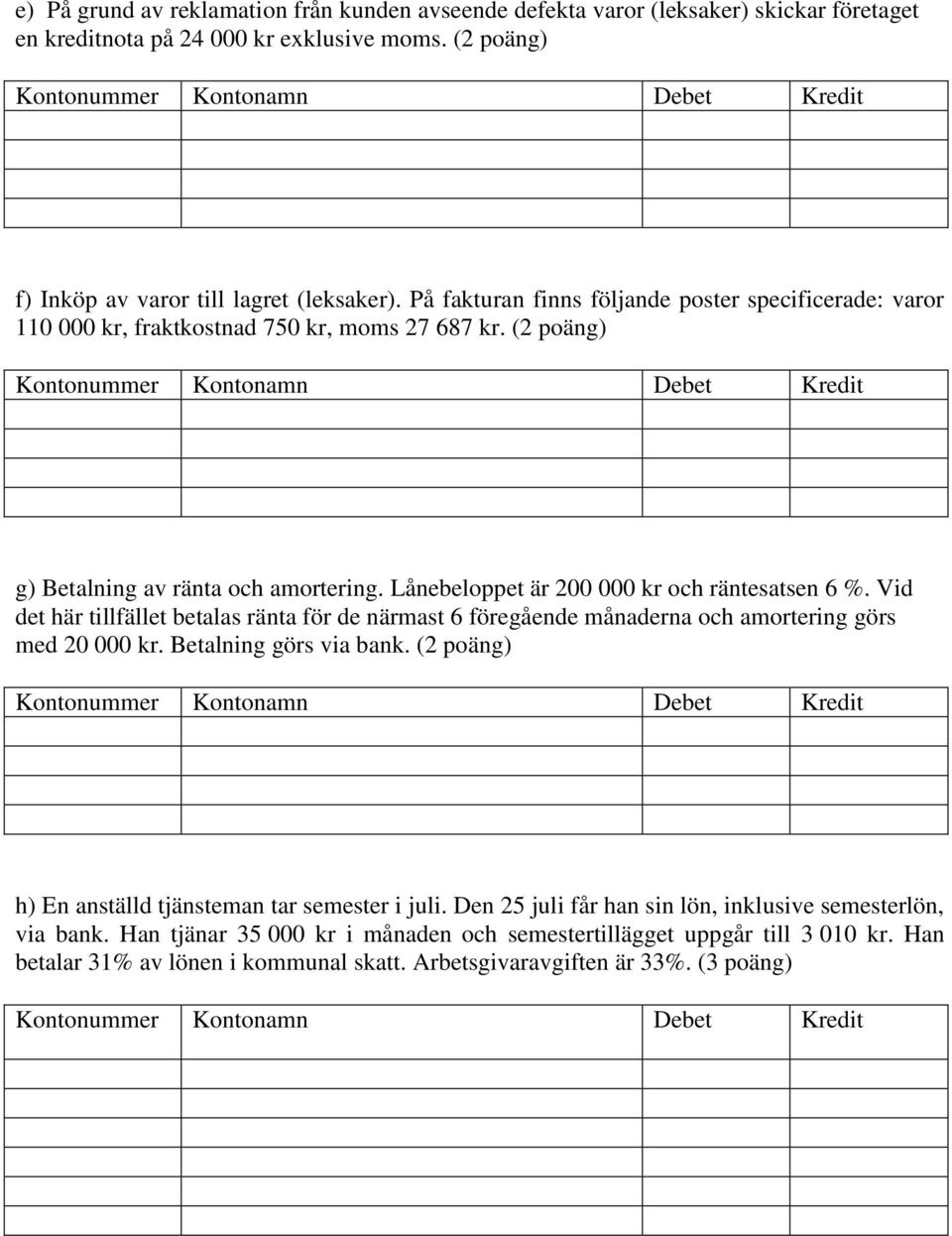 (2 poäng) Kontonummer Kontonamn Debet Kredit g) Betalning av ränta och amortering. Lånebeloppet är 200 000 kr och räntesatsen 6 %.
