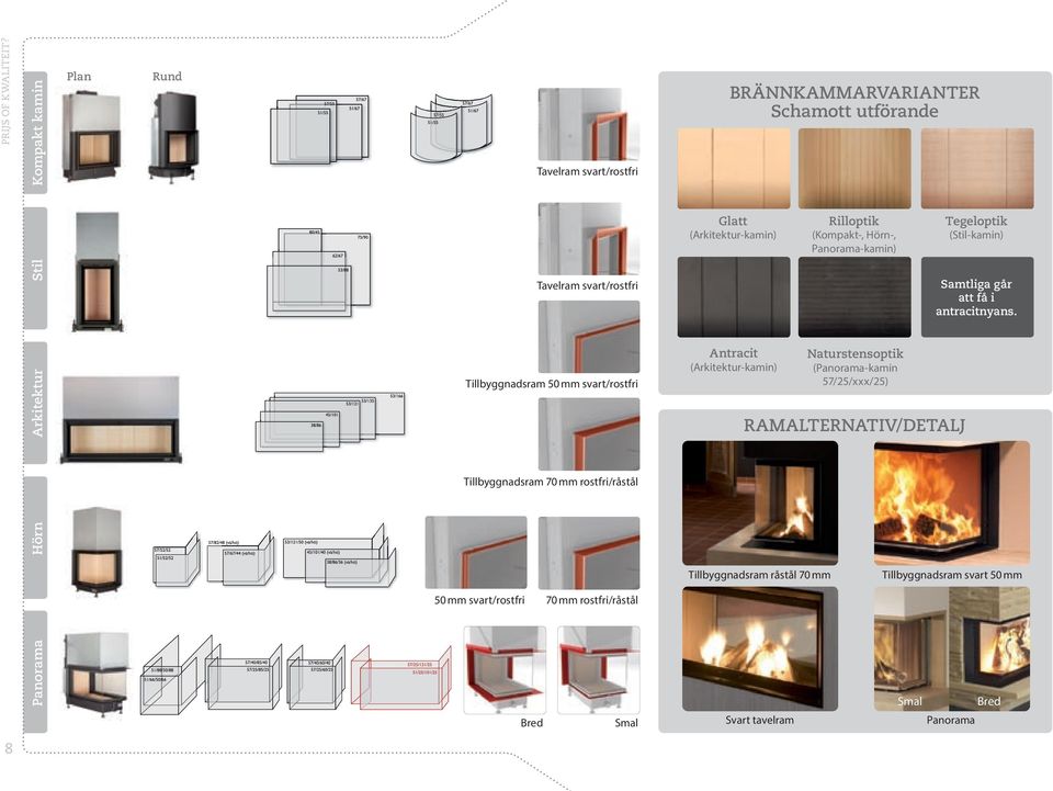 Tillbyggnadsram 70 mm rostfri/råstål 50 mm svart/rostfri 70 mm rostfri/råstål BRÄNNKAMMARVARIANTER Schamott utförande Glatt (Arkitektur-kamin)