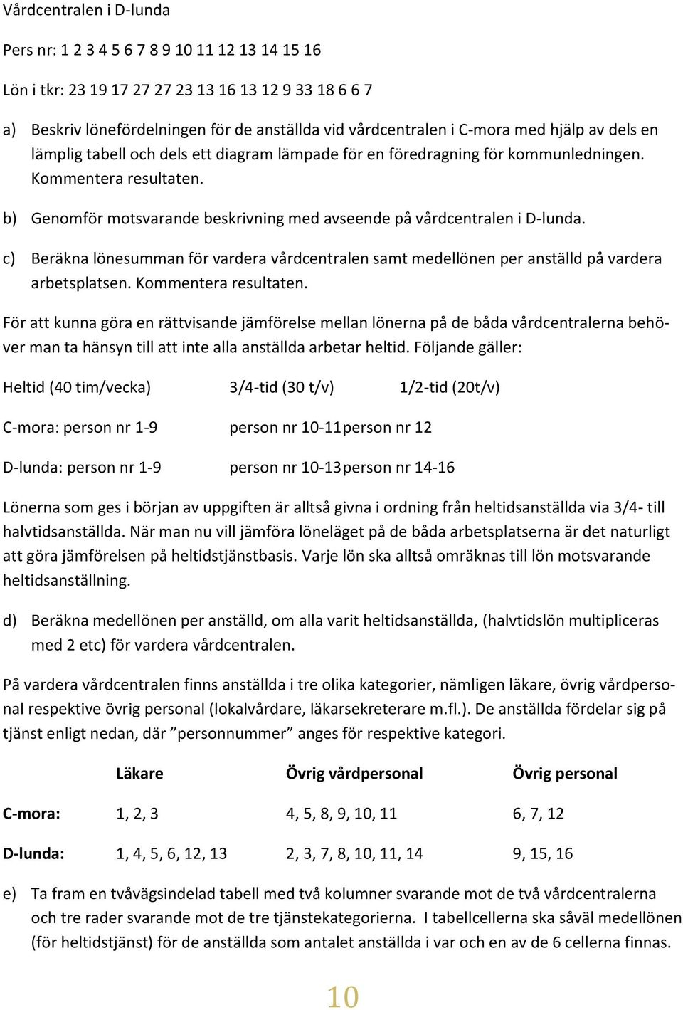 b) Genomför motsvarande beskrivning med avseende på vårdcentralen i D-lunda. c) Beräkna lönesumman för vardera vårdcentralen samt medellönen per anställd på vardera arbetsplatsen.