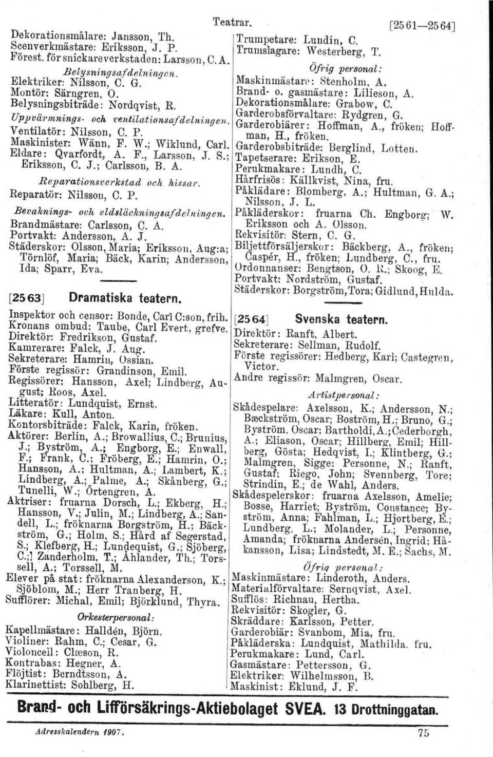 Belysningsbiträde : Nordqvist, R. Garderobsf6rvaltare: Rydgren, G. Uppvä,'mnings- och t en.tilaf'ionsajdelll';ngen, Garderobiärer: Hoffman, A., fröken; Hoff. Ventilatör: Nilsson, C. P. man, H.