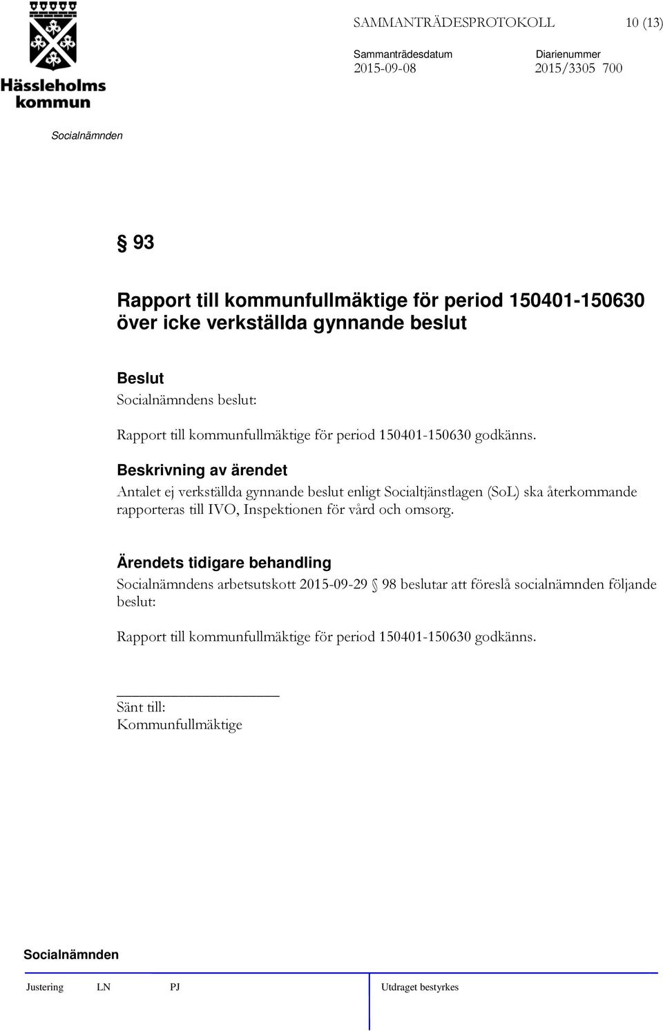 Antalet ej verkställda gynnande beslut enligt Socialtjänstlagen (SoL) ska återkommande rapporteras till IVO, Inspektionen för vård