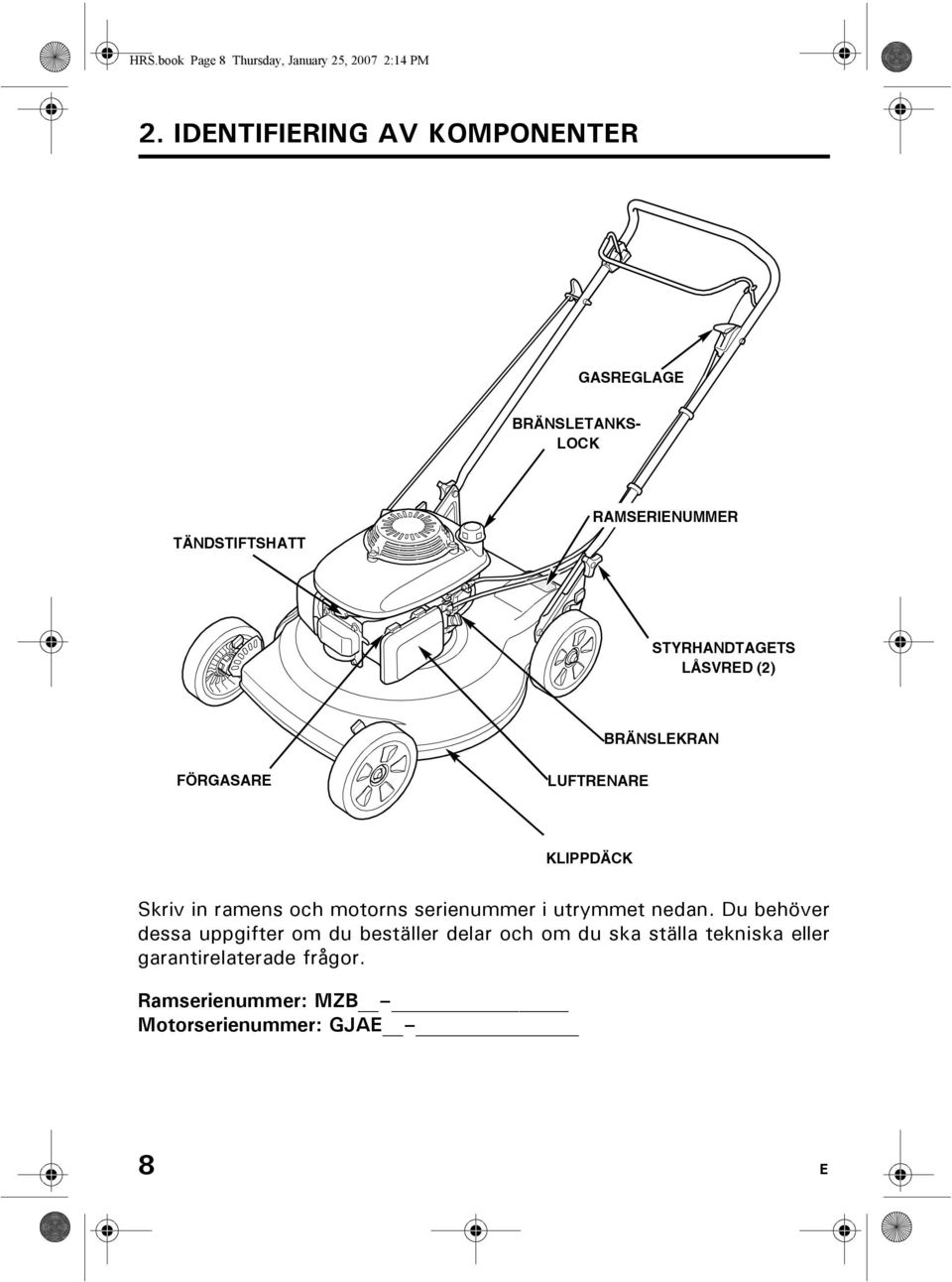 LÅSVRED (2) BRÄNSLEKRAN FÖRGASARE LUFTRENARE KLIPPDÄCK Skriv in ramens och motorns serienummer i utrymmet