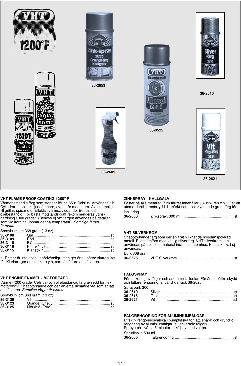 (Behövs ej om färgen användes på detaljer som vid körning uppnår denna temperatur). Samtliga färger är matta. Sprayburk om 368 gram (13 oz). 36-3108 Gul... st 36-3109 Röd... st 36-3110 Blå.