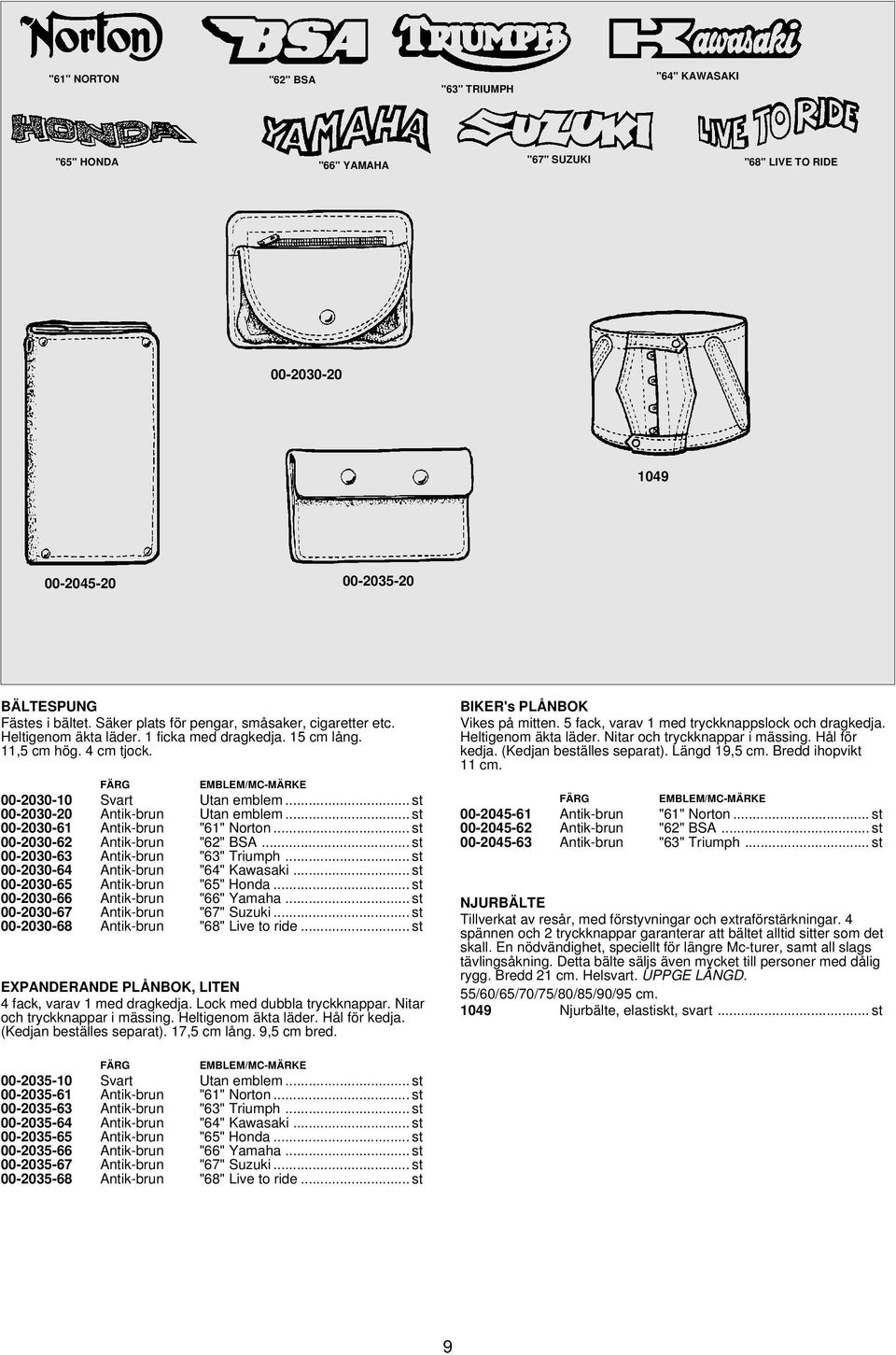 .. st 00-2030-20 Antik-brun Utan emblem... st 00-2030-61 Antik-brun "61" Norton... st 00-2030-62 Antik-brun "62" BSA... st 00-2030-63 Antik-brun "63" Triumph... st 00-2030-64 Antik-brun "64" Kawasaki.