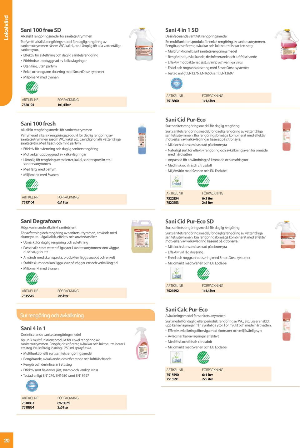 Effektiv för avfettning och daglig sanitetsrengöring Förhindrar uppbyggnad av kalkavlagringar Utan färg, utan parfym Enkel och nogrann dosering med SmartDose-systemet Sani 4 in 1 SD Desinfecerande