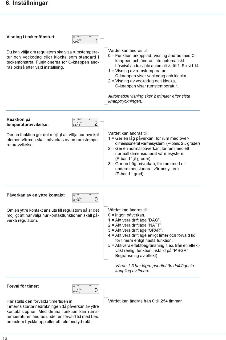 Låsnivå ändras inte automatiskt till 1. Se sid.14. 1 = Visning av rumstemperatur. C-knappen visar veckodag och klocka. 2 = Visning av veckodag och klocka. C-knappen visar rumstemperatur.