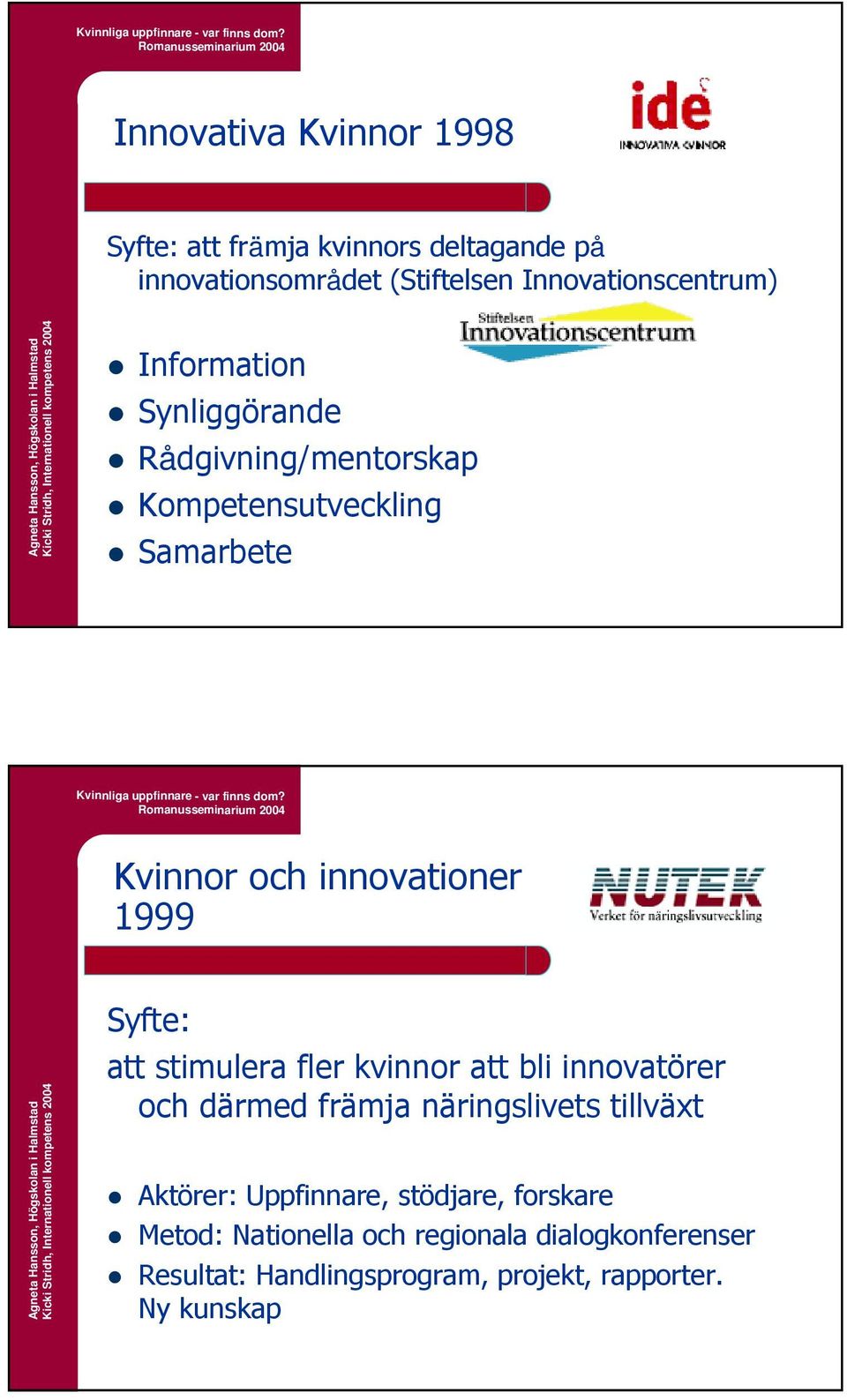 att stimulera fler kvinnor att bli innovatörer och därmed främja näringslivets tillväxt Aktörer: Uppfinnare,