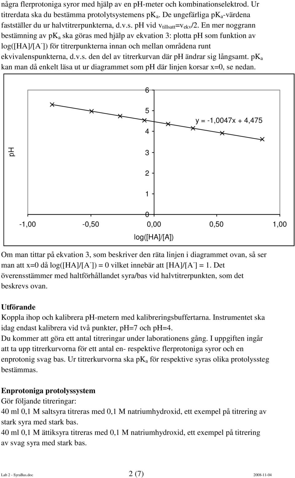 En mer noggrann bestämning av pk a ska göras med hjälp av ekvation 3: plotta ph som funktion av log([ha]/[a - ]) för titrerpunkterna innan och mellan områdena runt ekvivalenspunkterna, d.v.s. den del av titrerkurvan där ph ändrar sig långsamt.