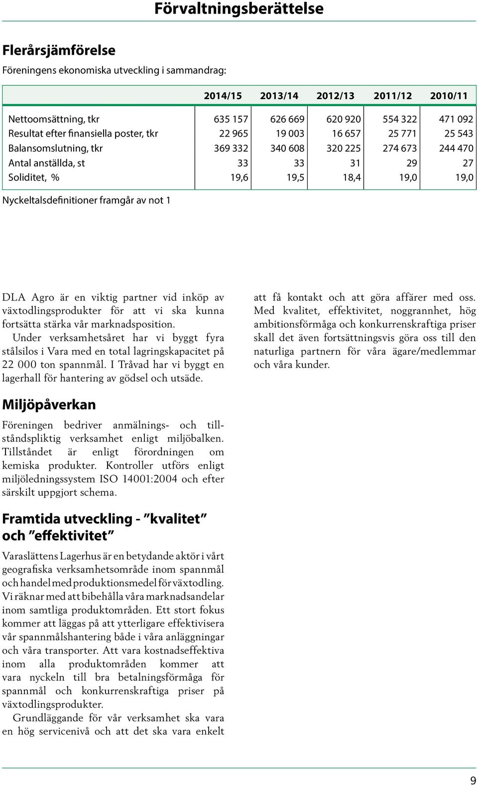 Nyckeltalsdefinitioner framgår av not 1 DLA Agro är en viktig partner vid inköp av växtodlingsprodukter för att vi ska kunna fortsätta stärka vår marknadsposition.