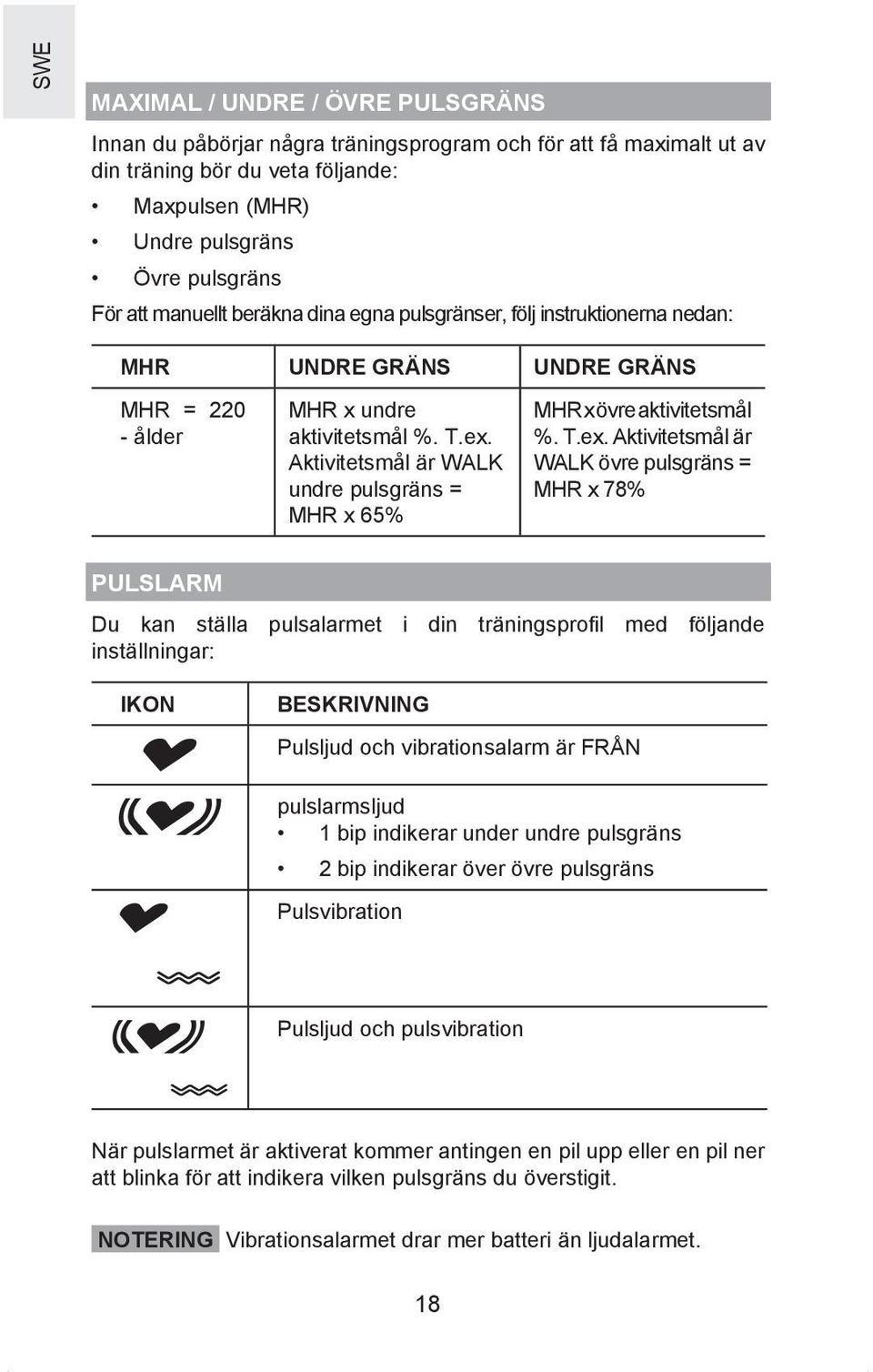 Aktivitetsmål är WALK undre pulsgräns = MHR x 65% MHR x övre aktivitetsmål %. T.ex.