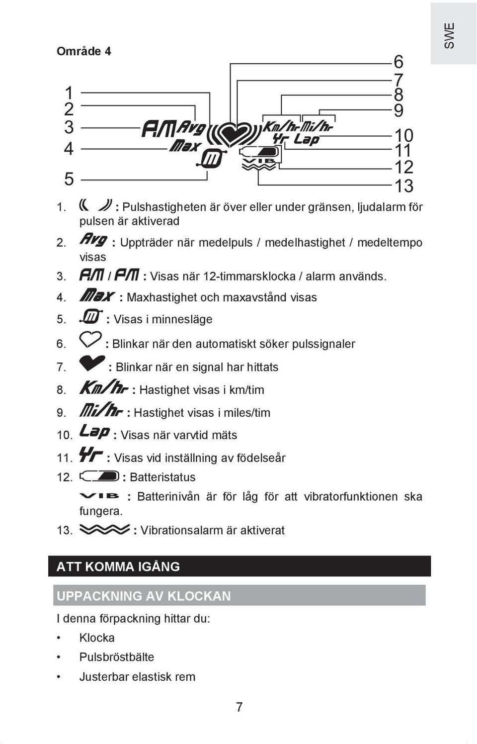 : Blinkar när en signal har hittats 8. : Hastighet visas i km/tim 9. : Hastighet visas i miles/tim 10. : Visas när varvtid mäts 11. : Visas vid inställning av födelseår 12.