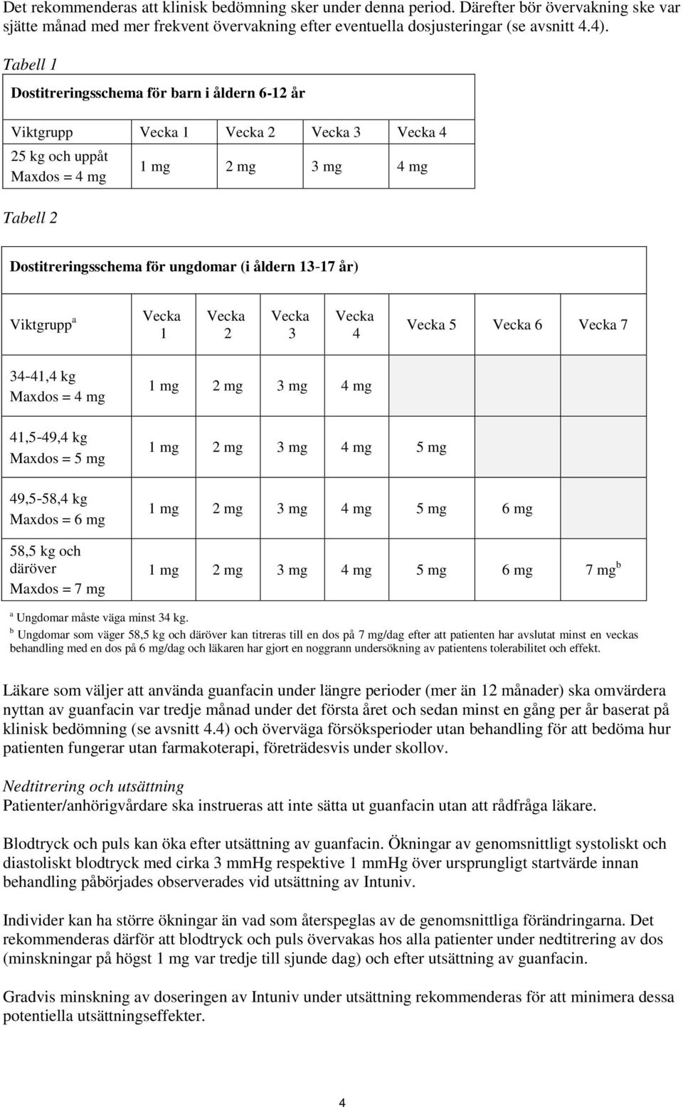 13-17 år) Viktgrupp a Vecka 1 Vecka 2 Vecka 3 Vecka 4 Vecka 5 Vecka 6 Vecka 7 34-41,4 kg Maxdos = 4 mg 41,5-49,4 kg Maxdos = 5 mg 49,5-58,4 kg Maxdos = 6 mg 58,5 kg och däröver Maxdos = 7 mg 1 mg 2