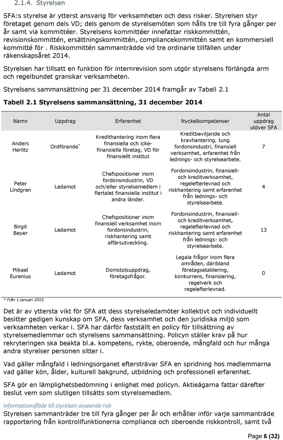 Styrelsens kommittéer innefattar riskkommittén, revisionskommittén, ersättningskommittén, compliancekommittén samt en kommersiell kommitté för.