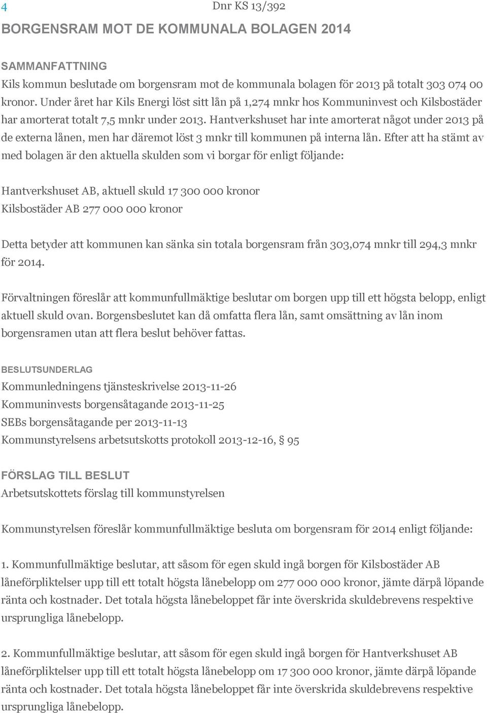 Hantverkshuset har inte amorterat något under 2013 på de externa lånen, men har däremot löst 3 mnkr till kommunen på interna lån.