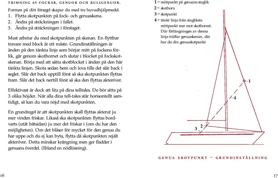 Grundinställningen är änden på den tänkta linje som börjar mitt på fockens förlik, går genom skothornet och slutar i blocket på fockskotskenan.