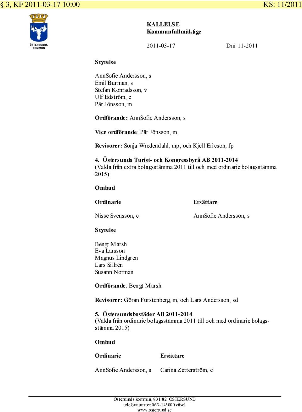 Östersunds Turist- och Kongressbyrå AB 2011-2014 (Valda från extra bolagsstämma 2011 till och med ordinarie bolagsstämma 2015) Ombud Ordinarie Nisse Svensson, c Ersättare AnnSofie Andersson, s