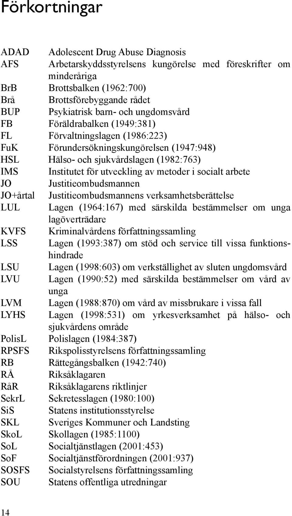 metoder i socialt arbete JO Justitieombudsmannen JO+årtal Justitieombudsmannens verksamhetsberättelse LUL Lagen (1964:167) med särskilda bestämmelser om unga lagöverträdare KVFS Kriminalvårdens