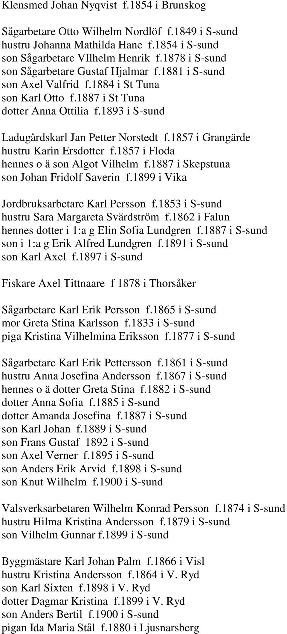 1857 i Grangärde hustru Karin Ersdotter f.1857 i Floda hennes o ä son Algot Vilhelm f.1887 i Skepstuna son Johan Fridolf Saverin f.1899 i Vika Jordbruksarbetare Karl Persson f.