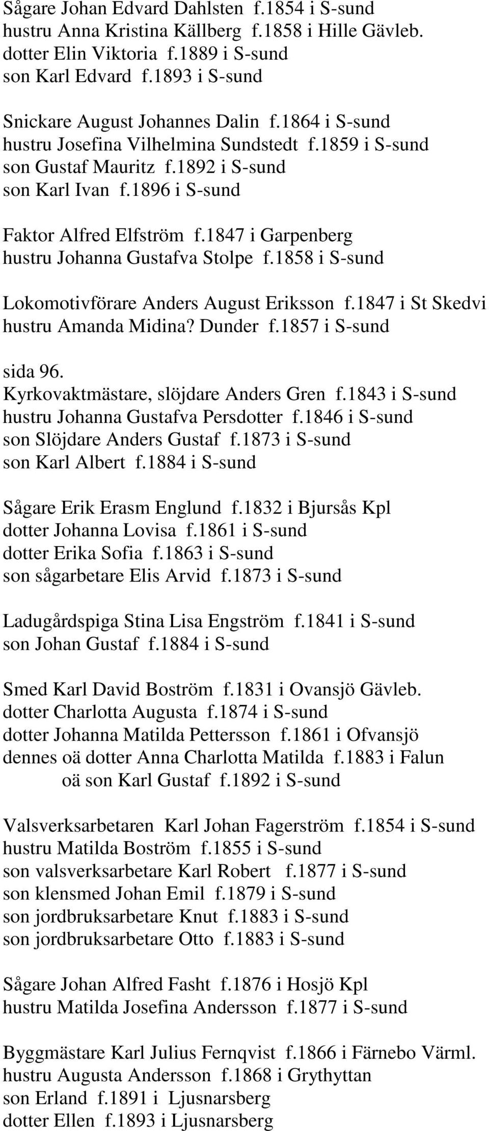 1847 i Garpenberg hustru Johanna Gustafva Stolpe f.1858 i S-sund Lokomotivförare Anders August Eriksson f.1847 i St Skedvi hustru Amanda Midina? Dunder f.1857 i S-sund sida 96.