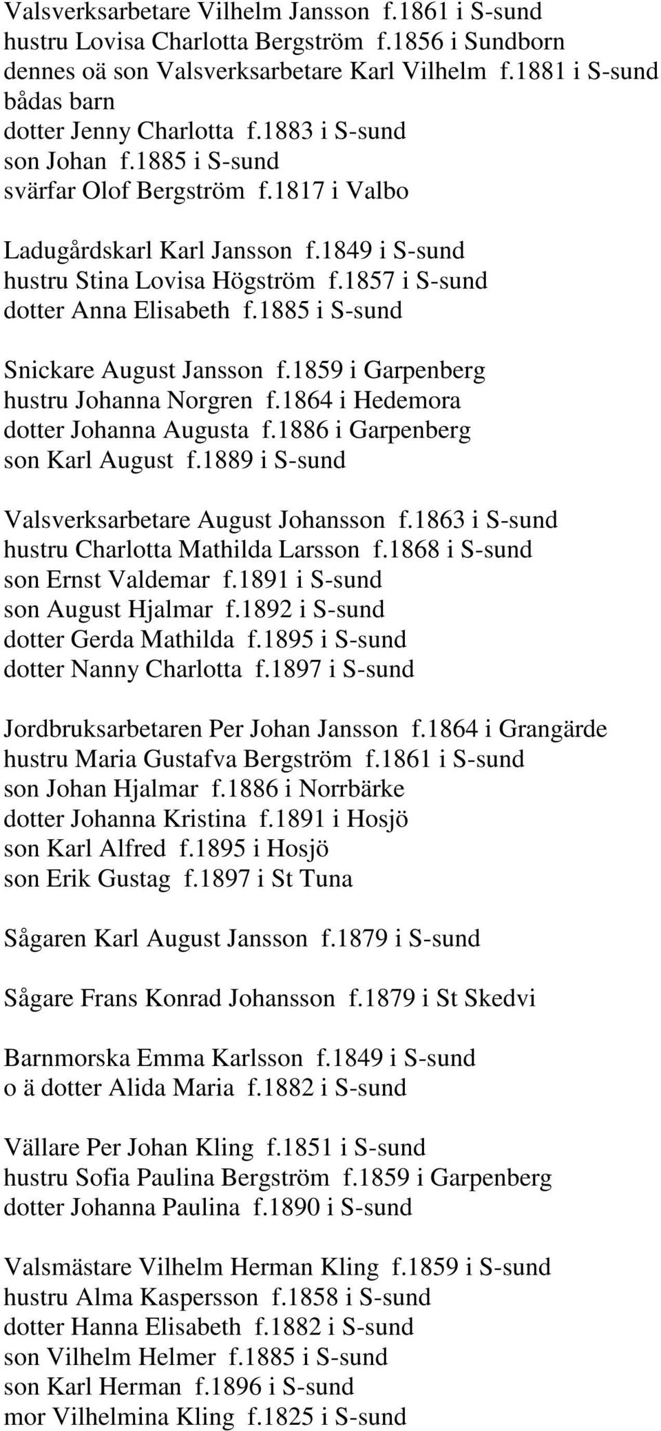 1885 i S-sund Snickare August Jansson f.1859 i Garpenberg hustru Johanna Norgren f.1864 i Hedemora dotter Johanna Augusta f.1886 i Garpenberg son Karl August f.
