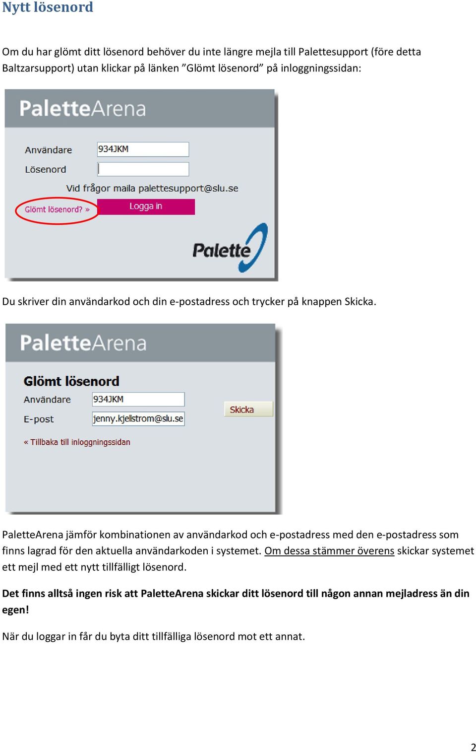 PaletteArena jämför kombinationen av användarkod och e-postadress med den e-postadress som finns lagrad för den aktuella användarkoden i systemet.