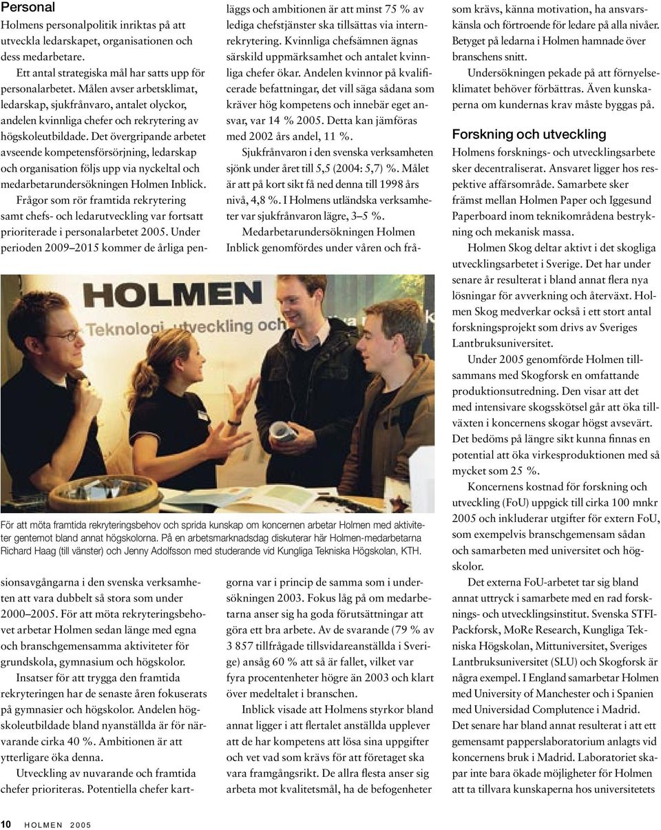 Holmens personalpolitik inriktas på att utveckla ledarskapet, organisationen och dess medarbetare. Ett antal strategiska mål har satts upp för personalarbetet.