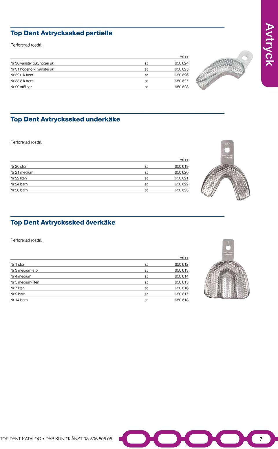 Nr 20 stor st 650 619 Nr 21 medium st 650 620 Nr 22 liten st 650 621 Nr 24 barn st 650 622 Nr 28 barn st 650 623 Top Dent Avtryckssked överkäke Perforerad