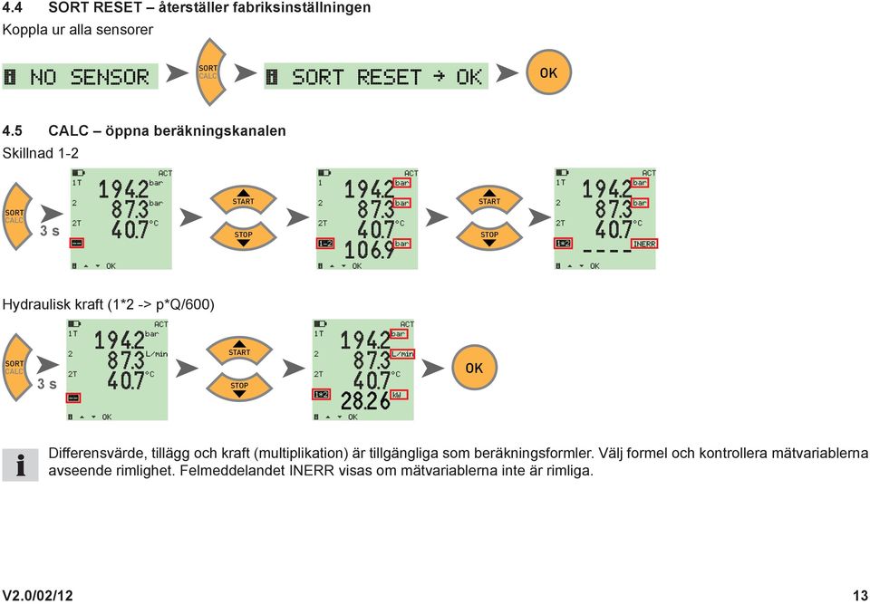 p*q/600) SORT CALC 3 s START STOP OK Differensvärde, tillägg och kraft (multiplikation) är tillgängliga som