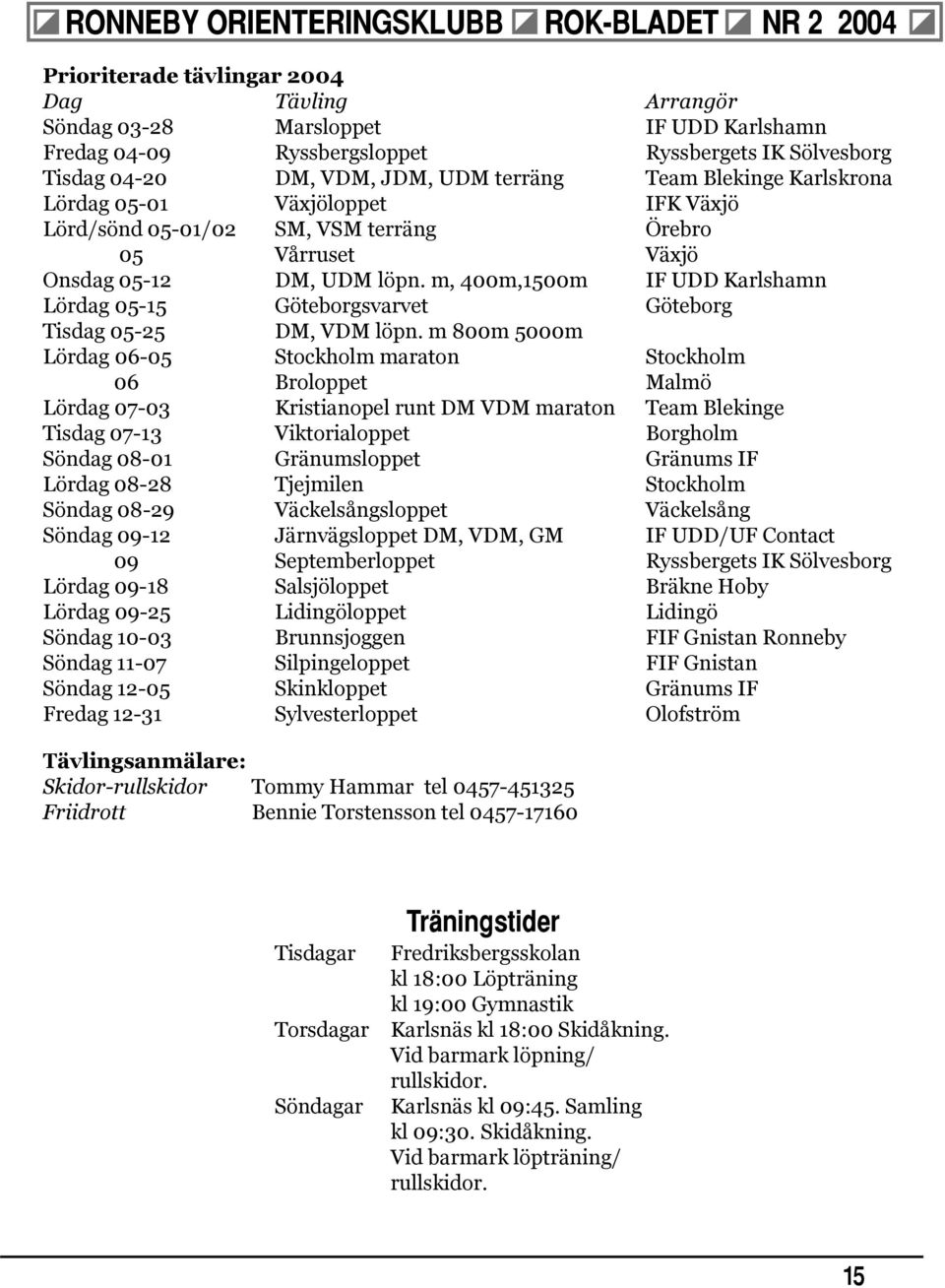 m, 400m,1500m IF UDD Karlshamn Lördag 05-15 Göteborgsvarvet Göteborg Tisdag 05-25 DM, VDM löpn.