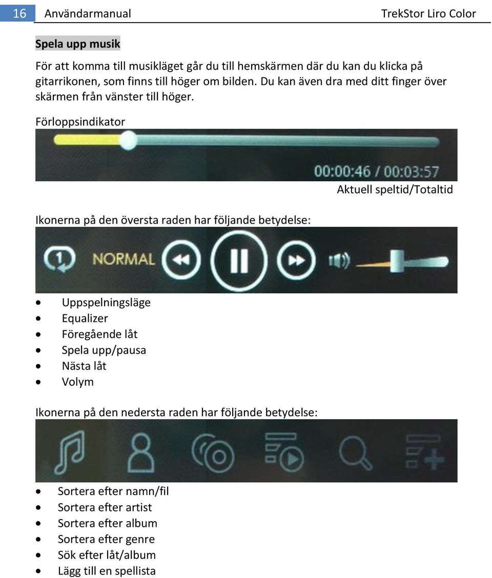 Förloppsindikator Ikonerna på den översta raden har följande betydelse: Aktuell speltid/totaltid Uppspelningsläge Equalizer Föregående låt Spela