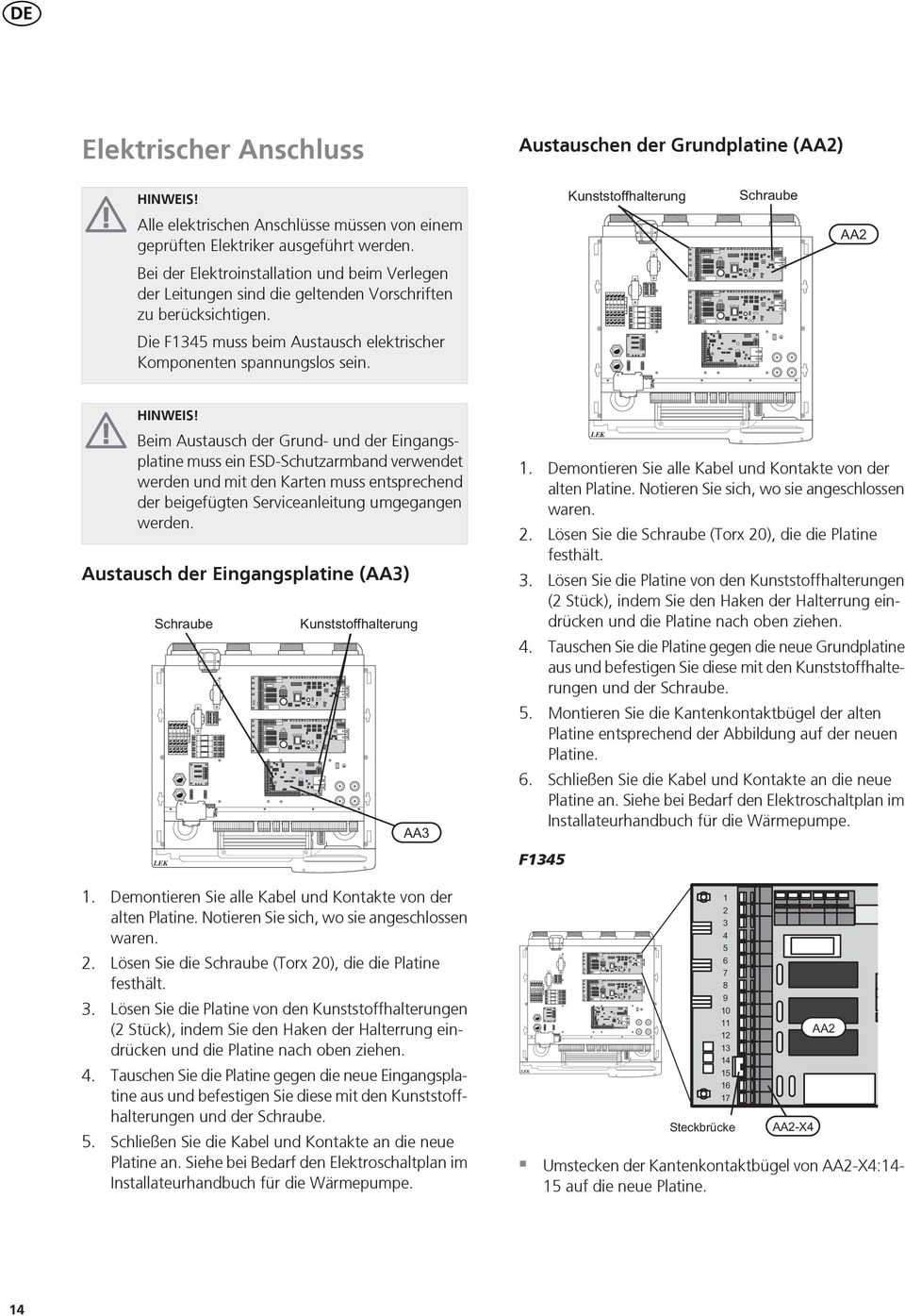 Beim Austausch der Grund- und der Eingangsplatine muss ein ESD-Schutzarmband verwendet werden und mit den Karten muss entsprechend der beigefügten Serviceanleitung umgegangen werden.