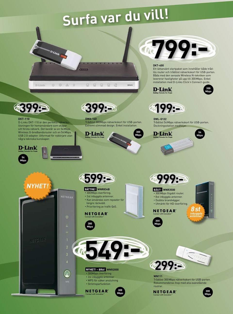 300 599:- 399:- 399:- DKT-110 D-Links DKT-110 är den perfekta nätverkslösningen för hemanvändare som skapar sitt första nätverk. Det består av en 54 Wireless G-bredbandsrouter och en 54 USB 2.