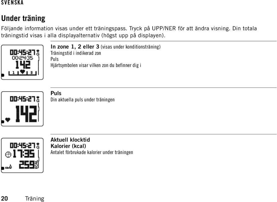 In zone 1, 2 eller 3 (visas under konditionsträning) Träningstid i indikerad zon Puls Hjärtsymbolen visar