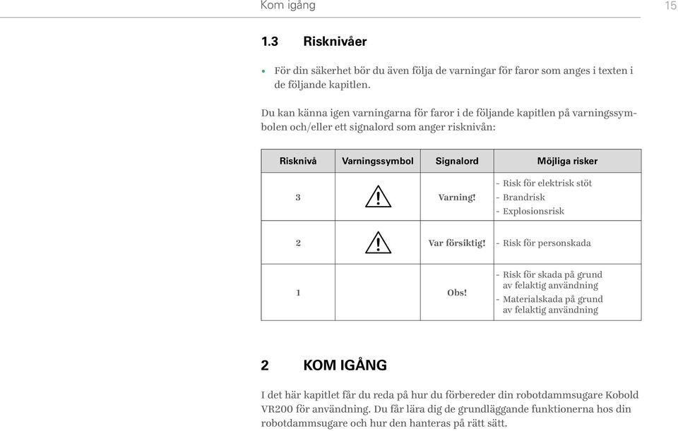 Varning! --Risk för elektrisk stöt --Brandrisk --Explosionsrisk 2 Var försiktig! --Risk för personskada 1 Obs!