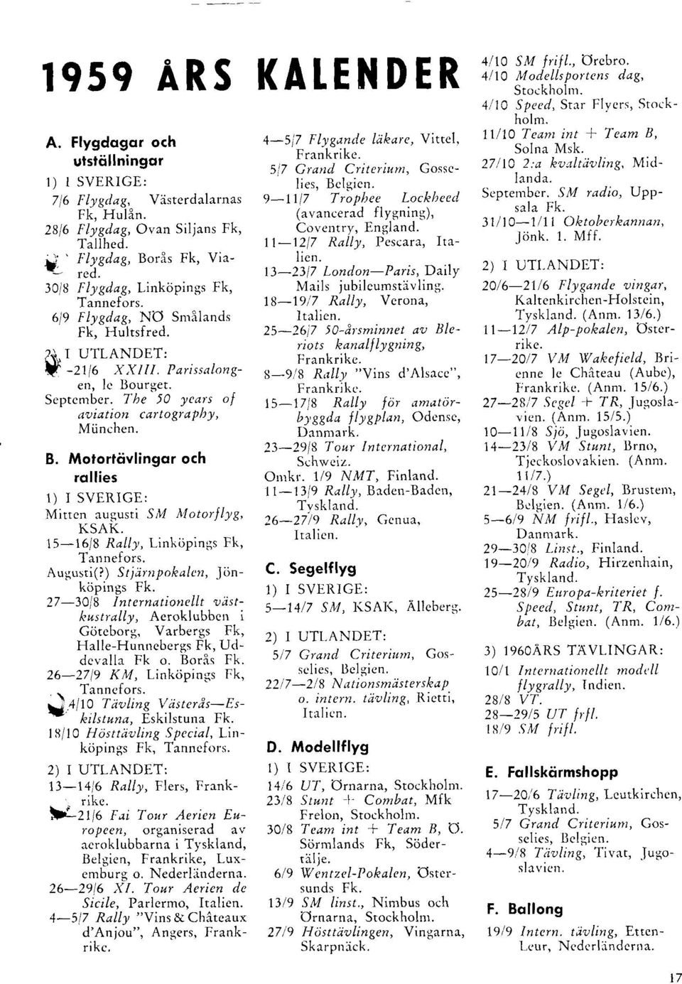 T he 50 ytars ol aviation cartography, Miinchen. B. Motorttivlingor och rollies 1) I SVERIGE: Mittcn aususti SM vlotorf lyg, KSAK. 15-1518 Rally, Linki;pings Fk' Tannefors, Augusti(?