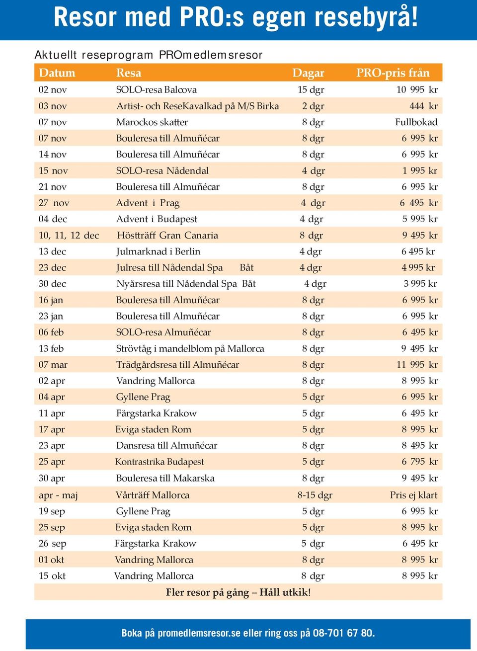 Fullbokad 07 nov Bouleresa till Almuñécar 8 dgr 6 995 kr 14 nov Bouleresa till Almuñécar 8 dgr 6 995 kr 15 nov SOLO-resa Nådendal 4 dgr 1 995 kr 21 nov Bouleresa till Almuñécar 8 dgr 6 995 kr 27 nov