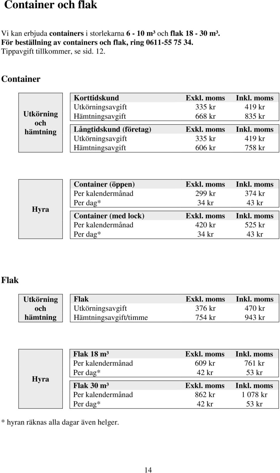 moms Inkl. moms Per kalendermånad 299 kr 374 kr Per dag* 34 kr 43 kr Container (med lock) Exkl. moms Inkl.